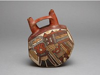 Geometric Bridge Vessel Depicting Ritual Performer Wearing Abstract Bird Costume by Nazca