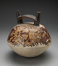 Double Spout Vessel Depicting Costumed Figure with Intricate Abstract Mask by Nazca