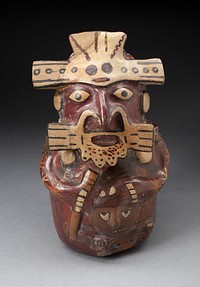 Single Spout Vessel in the Form of a Seated Figure Wearing Mask and Headdress, Holding a Trophy Head by Nazca