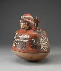 Stirrup Vessel in the Form of Figure with Abstract Motifs and Trophy Heads on Torso by Nazca