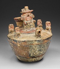 Spouted Bottle with Modeled Scene Depicting a Drinking Ceremony or Offering RItual by Recuay