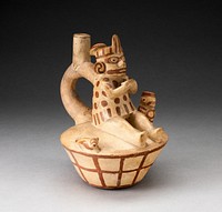 Vessel with a Figure Drinking from Cup, with Small Warrior and Dog by Moche