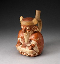 Single Spout Vessel in Form of Seated, Bearded Man Wearing a Cape by Moche