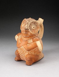 Handle Spout Vessel in the Form of a Anthropomorphic Owl with Arms Crossed over Chest by Moche