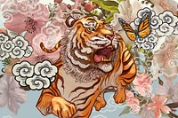 Tiger and butterfly amid cherry blossom illustration