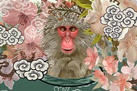 Japanese macaques in an Onsen amid cherry blossom illustration