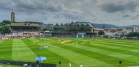 Wellington Basin ReserveCertainly a candidate for most beautiful cricket ground in the world. It is also, in effect, a huge traffic roundabout.My Gullivers group was in the RA Vance stand, centre, where is was chilly out of the sun, even in warm weather. My friends from the Cricket Tour Company were in front of the Museum, at third man in the picture, and I spent time with them as well as here, on the lovely grassy bank.