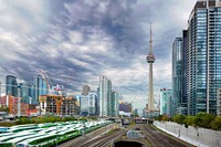 Toronto skyline transportation, metropolis city.