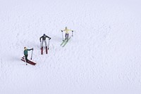 Miniature snow skiers, sport advertising.