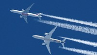 Two huge Boeings from The United Arab Emirates:Boeing 777-31H(ER) A6-EPL Emirates - Dubai to Dublin (37200 ft.)Boeing 787-9 Dreamliner A6-BLO Etihad Airways - Abu Dhabi to London (38000 ft,)30 JUNE 2023 - BANGKOK, THAILAND