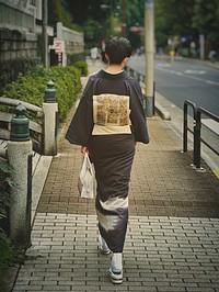 Woman Wearing Kimono, Tokyo, JapanA Japanese woman wearing a traditional garment (kimono) walking on a sidewalk near Ueno Park, Taito City, Tokyo, Japan.