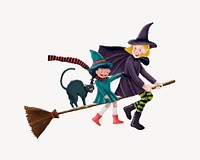 Flying witches, cat, Halloween collage element vector