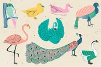 Pastel birds illustration clipart set psd