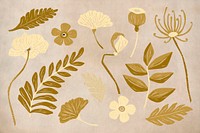 Gold botanical illustration collage element set psd