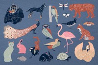 Aesthetic wildlife illustration collage element set psd