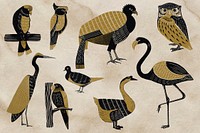 Gold birds illustration collage element set psd