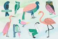 Pastel birds illustration collage element set psd