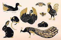 Gold wild animals illustration collage element set psd