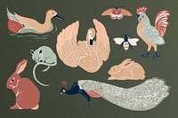 Vintage wild animals illustration collage element set psd