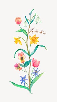 Spring flower illustration, watercolor collage element psd