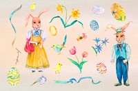 Easter bunny & spring garden watercolor design element set psd