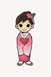 Girl in kimono cartoon illustration. Free public domain CC0 image.