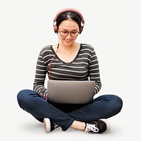 Woman listening to music on laptop collage element isolated image psd