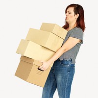 Woman holding boxes isolated image