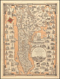             A pictorial map of that portion of New York City known as Manhattan, also showing parts of the Bronx          