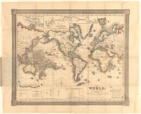             The world, on Mercator's projection : showing the different routes to California, and distance by each; routes of different navigators, route of the contemplated Pacific R. Road, distances to China, Europe, &c          