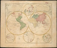             Planiglobii terrestris mappa universalis utrumq hemisphærium orient. et occidentale repræsentans ex IV mappis generalibus = Mappe-monde qui represente les deux hemispheres savoir celui de l'orient et celui de l'occident tirée des quatre cartes generales          