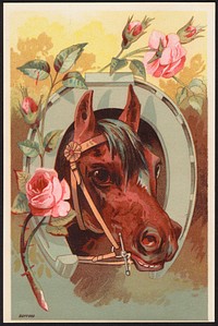             Horse with head through horseshoe, flowers in forefront.          