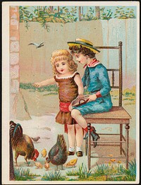             Boy sitting on a chair while a girl stands feeding chickens.          