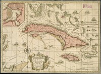             A new chart of the seas surrounding the island of Cuba, with the soundings, currents, ships, courses &c. and a map of the island itself lately made by an officer in the Navy          