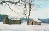             Continental Army huts in winter at Valley Forge, Pennsylvania          