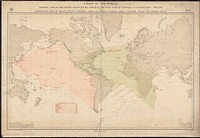             Chart of the world showing area in the Pacific Ocean having Hawaii as the only base of supplies in transpacific voyages and showing an area of equal extent covering parts of America, Europe, Africa, Atlantic Ocean and Indian Ocean          