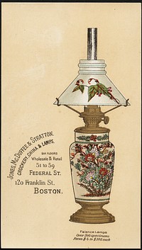             Jones, McDuffee & Stratton. Crockery, china & lamps, six floors, wholesale & retail, 51 to 59 Federal St., 120 Franklin St. Boston.          