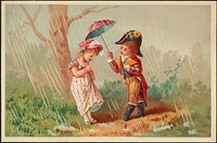             Boy and girl in historical costume, boy holding an umbrella over the girl as it rains.          
