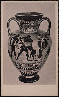             Heracles and the Nemean Lion, Greek vase, 6th century B. C. Museum of Fine Arts, Boston          