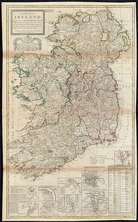             A new map of Ireland divided into its provinces, counties and baronies, wherein are distinguished the bishopricks, borroughs, barracks, bogs, passes, bridges &c. with the principal roads, and the common reputed miles          