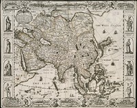             A new, plaine, and exact map of Asia : described by N.I. Visscher, and done into English, enlarged, and corrected, according to I. Blaeu, with the habits of ye countries, and manner of the cheife citties, ye like never before          