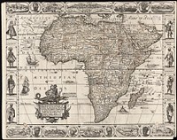             A new, plaine, & exact mapp of Africa : described by N.I. Visscher and done into English, enlarged and corrected, according to I. Blaeu, with the habits of the countries and manner of the cheife citties, the like never before          