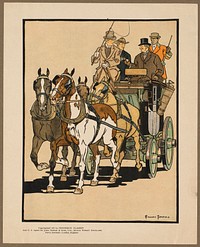             Four men riding on top of a carriage being drawn by four horses           by Edward Penfield