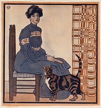             Woman sitting on a chair holding a book with a cat looking on.           by Edward Penfield