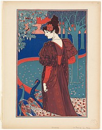             A woman stands looking at two peacocks.          