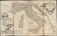             A new map of Italy distinguishing all the sovereignties in it, whether states, kingdoms, dutchies, principalities, republicks, &c : with the post roads, and many remarks not extant in any map          