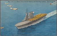             One of the U. S. Navy's giant aircraft carriers and protecting bombers          