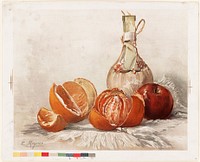             Orange, apple and wine bottle          