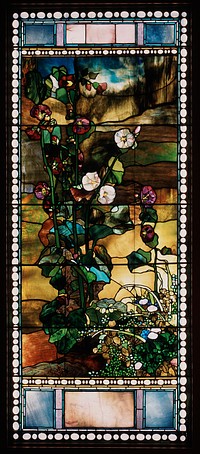 Hollyhocks, window from the Frederick Lothrop Ames House, Boston, Massachusetts