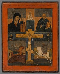 Icon - crucifixion with the virgin of kazan, st. nicholas, st. george and dimitri